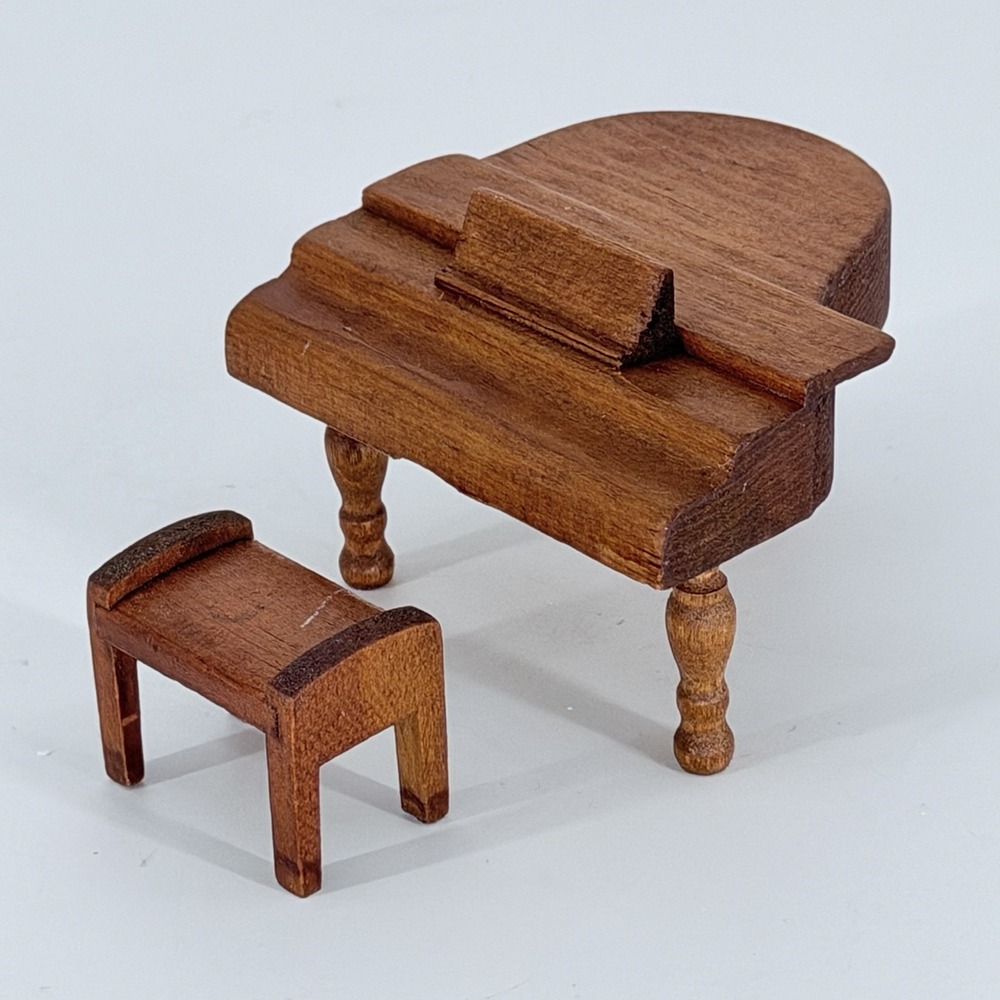 Vintage Wooden Dollhouse Baby Grand Piano & Bench Miniature Furniture Set - Picture 2 of 16